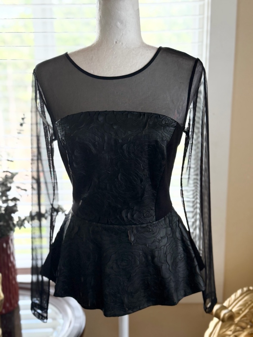 Boston Proper Black Sheer-Yoke Long Sleeve Peplum Top